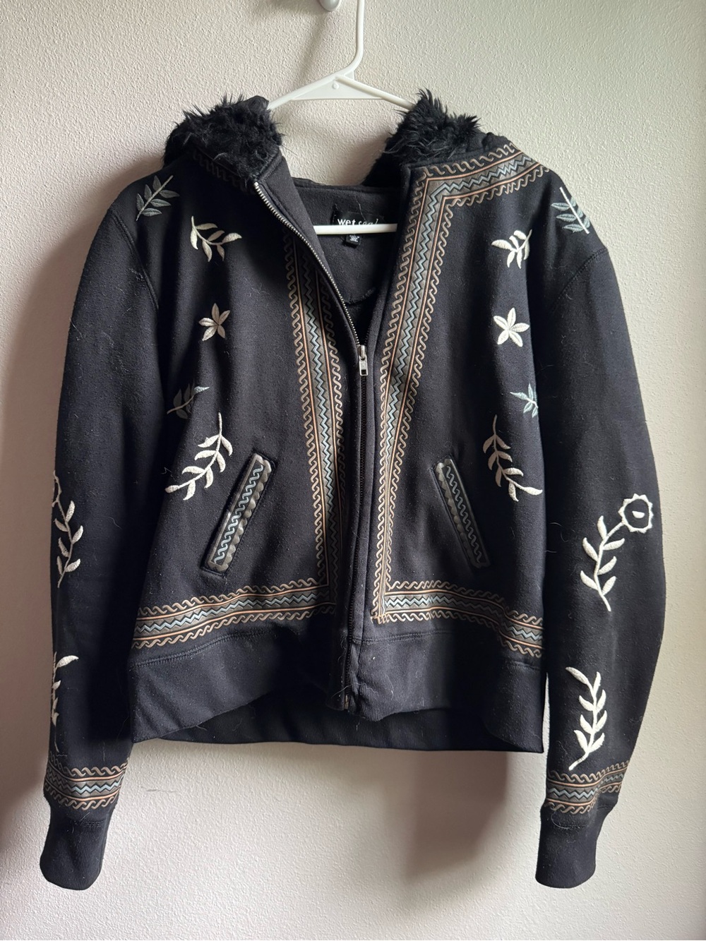 Y2K Wet Seal Black Embroidered Zip-Up Jacket with Faux Fur Hood